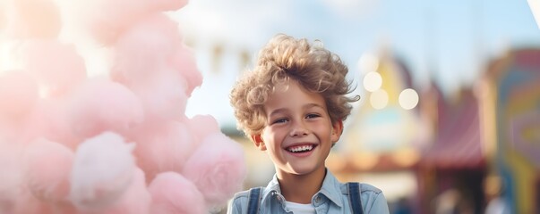 Smiling young boy enjoying cotton candy at the amusement park. Concept Photography, Lifestyle, Family, Happiness, Childhood - obrazy, fototapety, plakaty