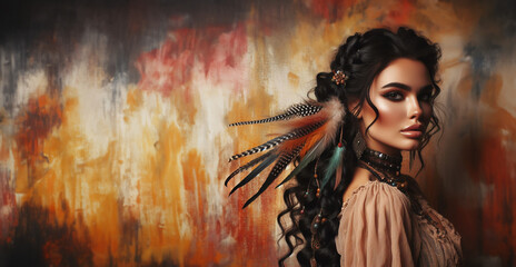 Peinture femme coiffure plume