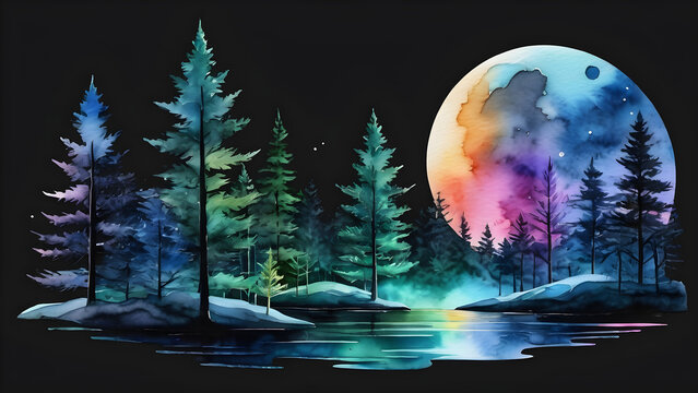 watercolor painted beautiful forest moonlight isolated clipart hand drawn design elements. landscape with moon. night in the forest