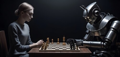 A woman and a robot are engaging in a game of chess at an indoor table, showcasing the equalizer between human intellect and artificial intelligence in the realm of engineering and entertainment - obrazy, fototapety, plakaty