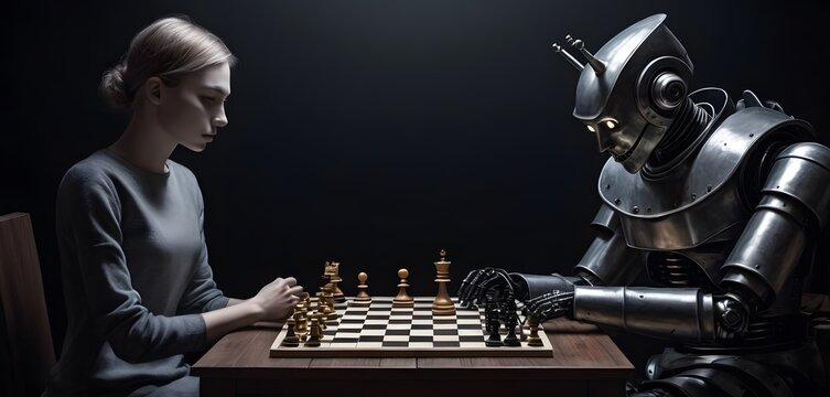 A woman and a robot are engaging in a game of chess at an indoor table, showcasing the equalizer between human intellect and artificial intelligence in the realm of engineering and entertainment