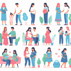 set character Happy pregnant woman holds her belly - obrazy, fototapety, plakaty