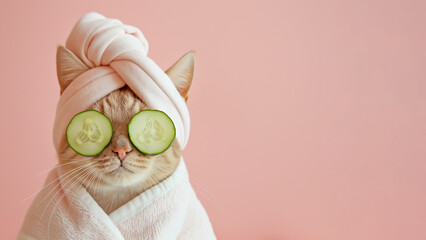 Cat relaxing in spa with cucumber slices on eyes. Cute cat in a bathrobe and turban on spa treatments after bath. Beauty procedures, wellness, relaxation concept. Pet grooming, domestic pets treatment