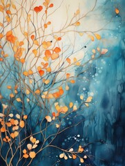 A painting depicting a tree with vibrant orange leaves against a neutral background.
