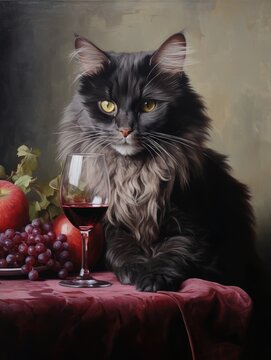 A painting depicting a cat sitting calmly next to a glass of red wine on a table.