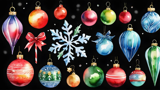 watercolor painted collection set of various christmas ornaments isolated clipart. christmas decoration set. Christmas tree decorations. Christmas balls and decorations