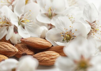 Fototapeta na wymiar Almonds and Almond Blossoms on White Background