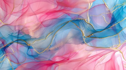 Dreamy wallpaper featuring luxurious abstract fluid art in alcohol ink, characterized by transparent waves and golden swirls, ideal for posters, banners, packaging, and other printed materials