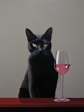 A black cat is seated on a table beside a glass of red wine, with a curious and attentive expression.