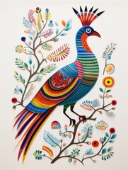 Obraz premium A vibrant, multicolored bird is perched on top of a tree branch, showcasing its colorful plumage against the green foliage.