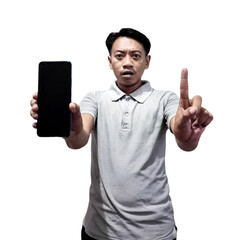 A portrait of an Asian man wearing a gray shirt with one hand facing forward in a rejecting motion, and the other hand holding a smartphone with a blank screen.