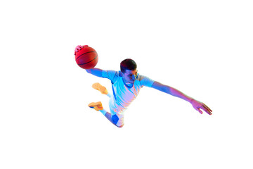 Action shot from above of player performing powerful basketball dunk against white studio background in neon light. Concept of professional sport, energy, strength and power, match, tournament. © Lustre Art Group 