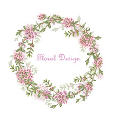 Watercolor wreath of delicate thyme twigs, highlighted on a white background. A watercolor flower can be used as a background, texture, pattern, frame, postcard, or border.