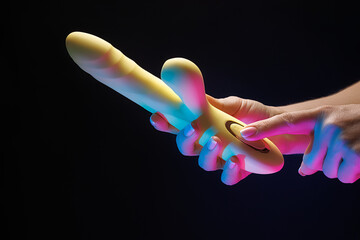 The woman's hands hold the vibrator and turn on the button on it to make it work Sex toy clitoral vibrator on a black background with neon lights. - obrazy, fototapety, plakaty