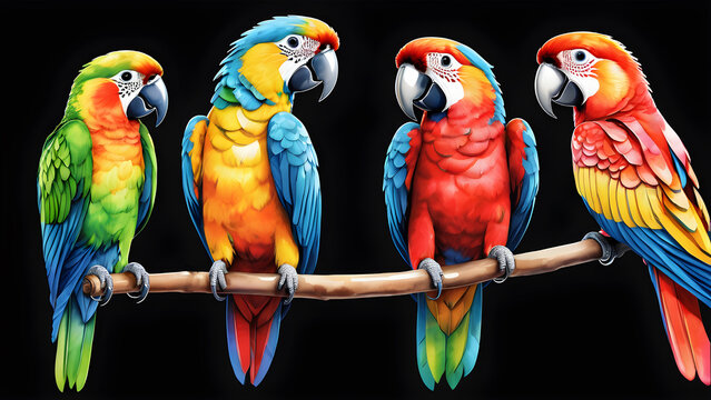 watercolor painted parrots clipart hand drawn design elements isolated on black background. blue and yellow macaw