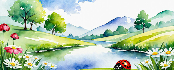 Spring landscape with flowers, trees and a ladybug. Watercolor style riverside illustration.