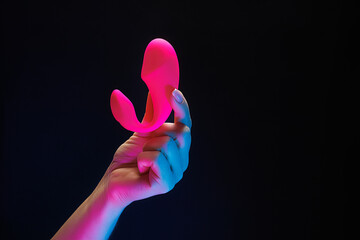 Women's hands gently hold the red colored intimate play vibrator with their fingers. Sex toy clitoral vibrator on a black background with neon lights. - obrazy, fototapety, plakaty