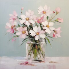 A painting depicting a vase filled with delicate pink and white flowers, showcasing a vibrant display of floral beauty.