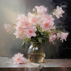 A vase on a table is filled with lovely pink flowers, adding a pop of color to the room.