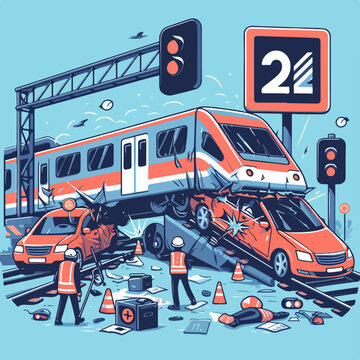 train accident scene with car at railway crossing vector