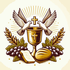eucharist Chalice and host with wheat ears wreath and grapes