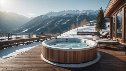Hydro massage bath standing on a wooden floor in a premium countryside low-rise hotel with winter mountains in the background