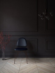 Living room with a black wall, moldings, a black leather chair, a suspension, a plant in a glass jar and parquet