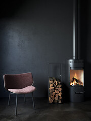 Living room with a black concrete wall, a wooden and red fabric armchair, a wood stove, a pile of wood and polished concrete floor