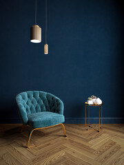 Living room with a blue wall, an armchair in blue fabric and golden metal, a coffee table with plants, suspensions and a herringbone parquet floor