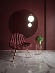 Living room with a red wall, a large mirror, a suspension, a golden metal and red fabric armchair, a plant and marble floor