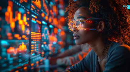 A solitary woman, adorned in glasses and clad in her nighttime attire, gazes intently at a glowing screen, lost in the art of technology - obrazy, fototapety, plakaty