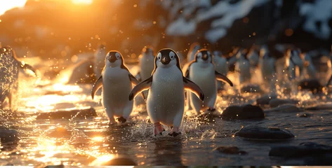 Zelfklevend Fotobehang burning candle in the snow, Adorable Penguin Colony Waddling Warm hearts with the charming sight of a penguin colony waddling along the rocky shoreline, their tuxedoed bodies waddling in unison as the © waris