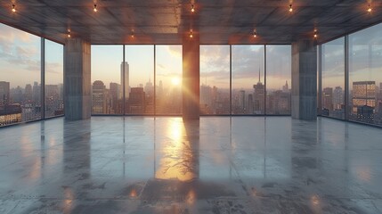 Empty loft interior with city view