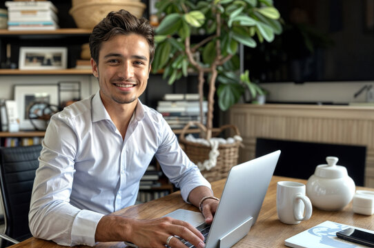 jeune homme étudiant devant son ordinateur portable dans son bureau, portant une chemise et souriant