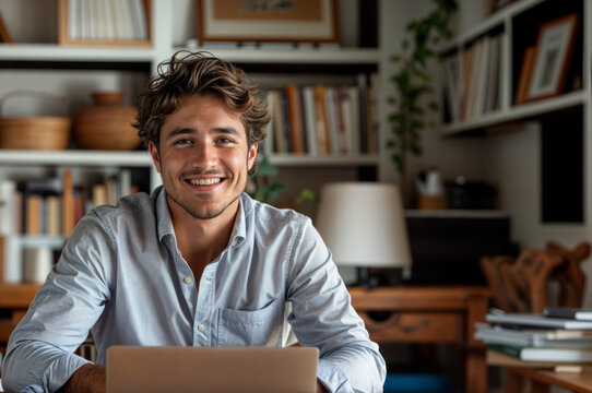 jeune homme &eacute;tudiant devant son ordinateur portable dans son bureau, portant une chemise et souriant