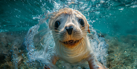 sea lion swimming, Adorable Sea Lion Pup Playing Warm hearts with the playful antics of a sea lion pup as it frolics in the shallows, its sleek body darting through the water with boundless energy