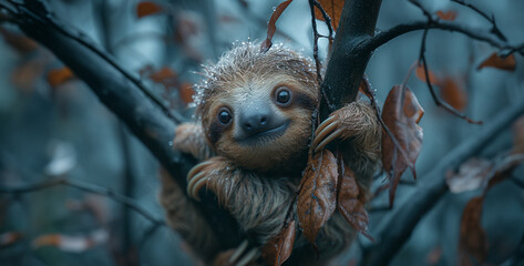 Adorable Three-toed Sloth Hanging Upside Down Warm hearts with the endearing sight of a three-toed sloth hanging upside down from a tree branch, its sleepy expression and slow movements adding to its 