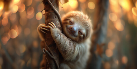 lion in the zoo, Adorable Three-toed Sloth Hanging Upside Down Warm hearts with the endearing sight of a three-toed sloth hanging upside down from a tree branch, its sleepy expression and slow movemen - obrazy, fototapety, plakaty