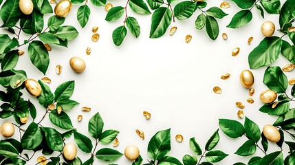 Creative Easter nature background. Green Spring leaves and gold Easter eggs Flat lay
