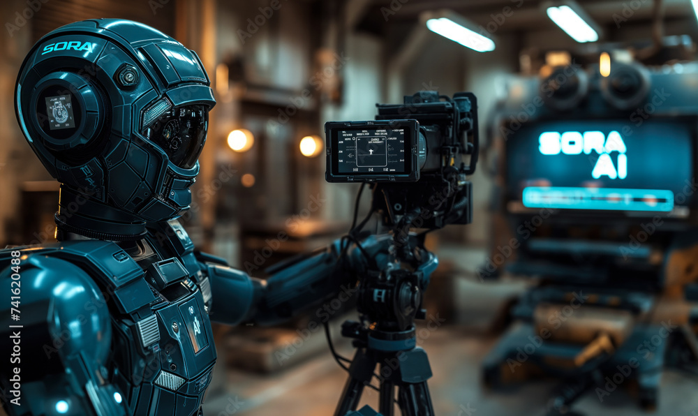 Poster advanced humanoid robot filmmaker demonstrating sora text-to-video ai model in a high-tech videograp