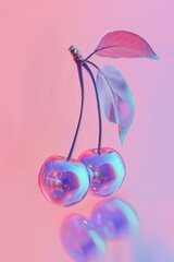 Cherries adorned with metallic iridescent color. Surreal Summer fruit aesthetic pink idea.