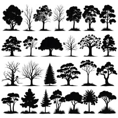 Set of silhouettes of trees, bushes and grass
