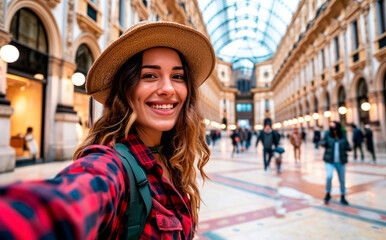 Fototapeta premium Milanese Elegance: A Young Native Woman with Backpack Delights in the Historic Charms of Milan, Capturing Fashionable Moments in a Stylish Selfie at Galleria Vittorio Emanuele II.