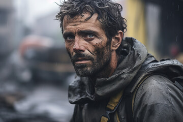 Fototapeta premium AI generated image photo of a professional rescuer against ruined city damaged buildings background