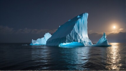 Arch shaped iceberg floating in the sea at the coast at night from Generative AI