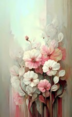  Vintage Abstract Botanical Painting In Soft Muted Pink Shades.