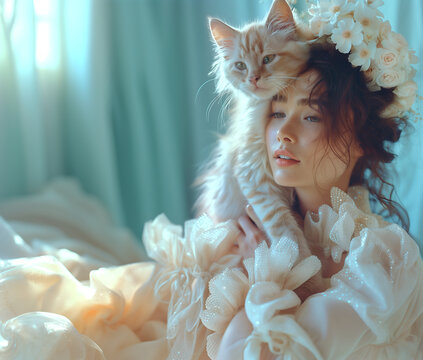 Fashion editorial Concept. Pretty tousled flowers flora hair woman hugging a cat in frilly shimmer puffy outfit, soft vintage romantic whimsical colour setting
