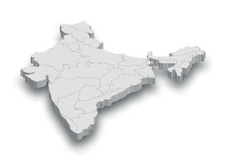 3d India white map with regions isolated