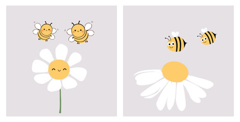Bee cartoons and daisy flower on grey backgrounds vector illustration. Cute childish print.