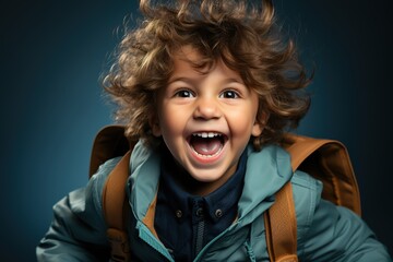 A joyful little bot with a backpack showcases the excitement of the first school day against a blue backdrop, radiating happiness and enthusiasm for learning
